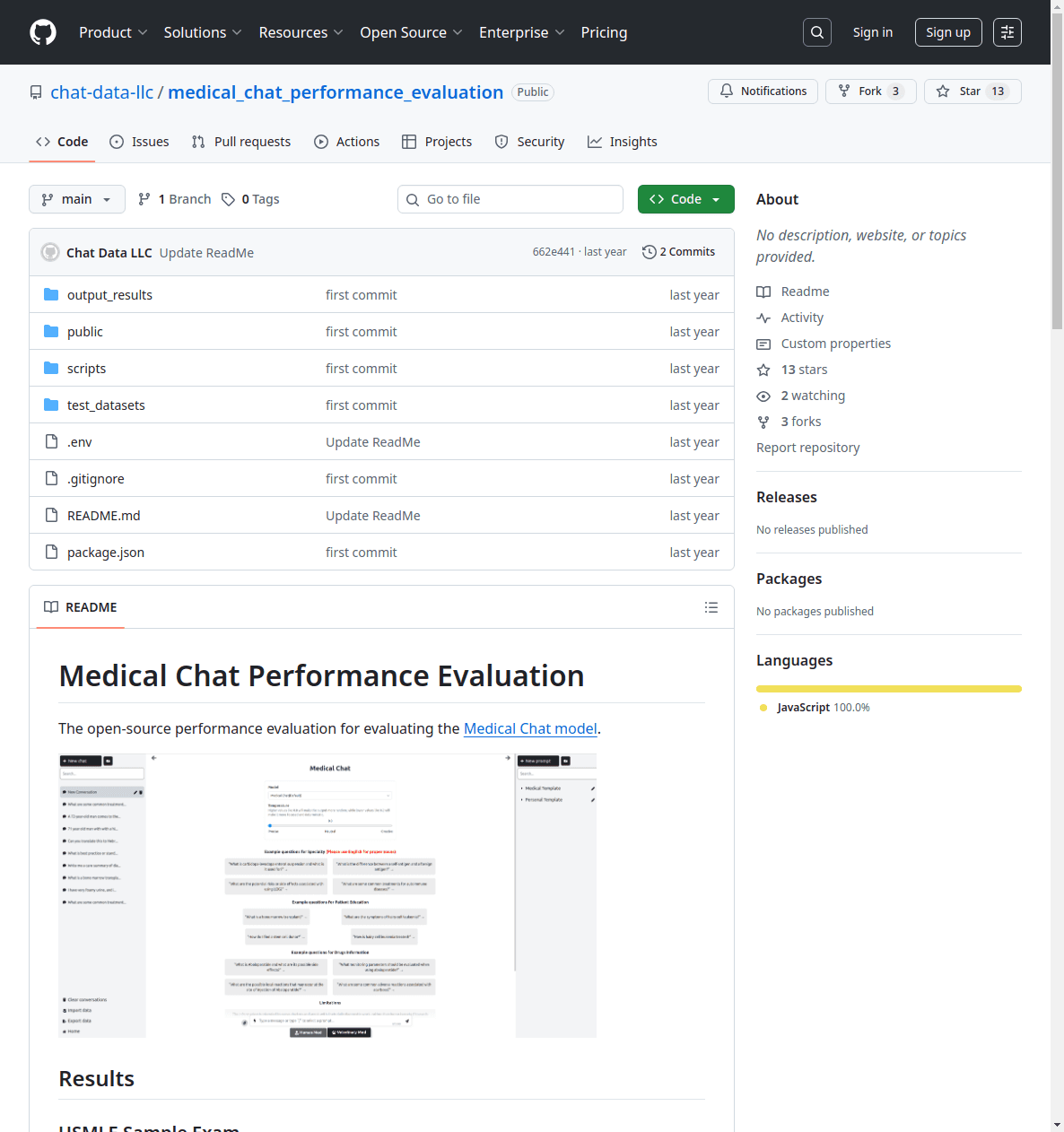 Medical Chat's open-source performance evaluation repository on GitHub showing transparent testing methodology and results